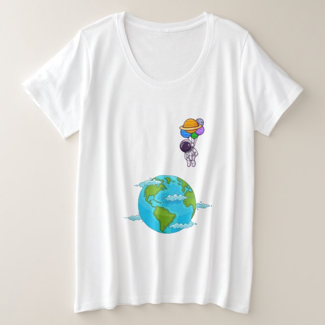 Raumfahrer mit Balloons, die Erde landen Große Größe T-Shirt (Design vorne)