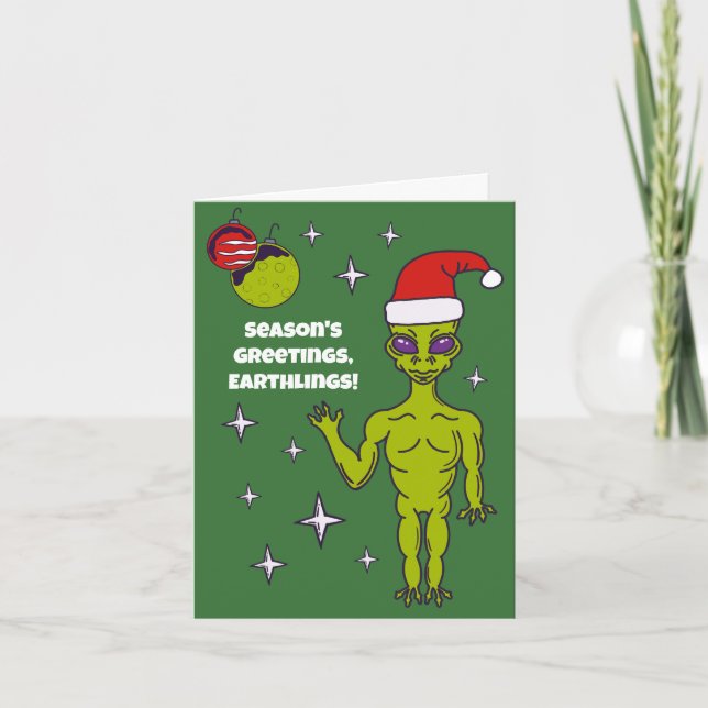 Raumfahrt-Alien in einer Weihnachtsmannmütze Perso Karte (Vorderseite)
