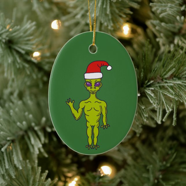 Raumfahrt-Alien in einer Weihnachtsmannmütze Perso Keramik Ornament (Baum)