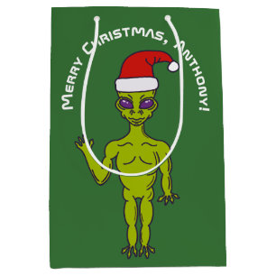 Raumfahrt-Alien in einer Weihnachtsmannmütze Perso Mittlere Geschenktüte
