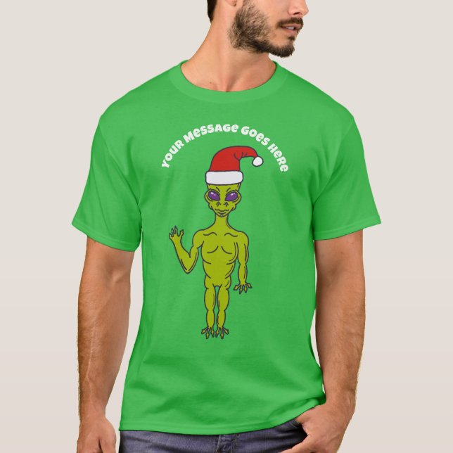 Raumfahrt-Alien in einer Weihnachtsmannmütze Perso T-Shirt (Vorderseite)