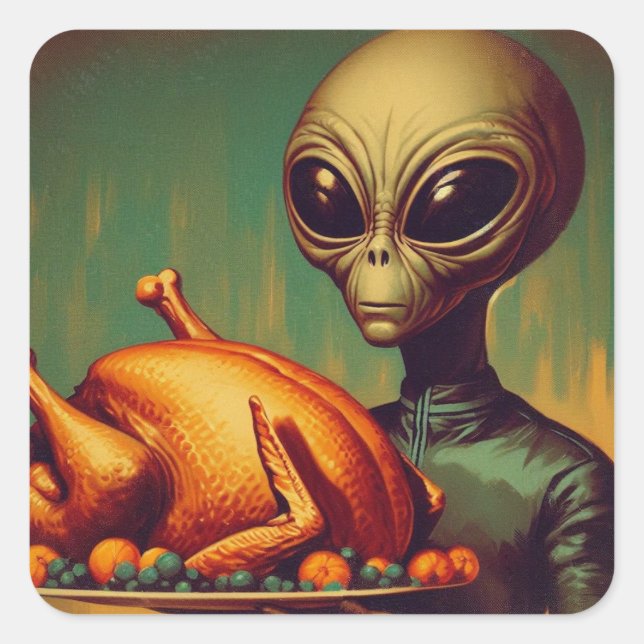 Raumfahrt Alien mit Erntedank Türkei Retro Quadratischer Aufkleber (Vorderseite)