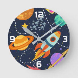 Raumfahrtplaneten für Raketenschiffe Kinderzimmer Runde Wanduhr