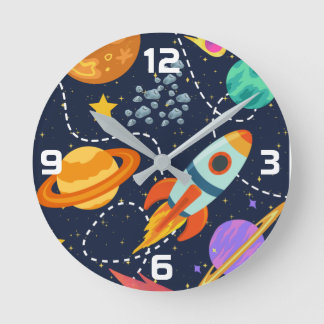 Raumfahrtplaneten für Raketenschiffe Kinderzimmer Runde Wanduhr