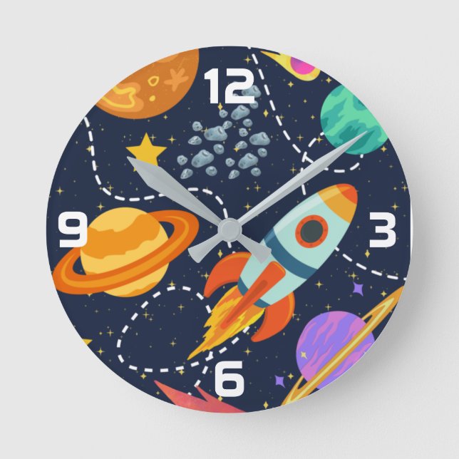 Raumfahrtplaneten für Raketenschiffe Kinderzimmer Runde Wanduhr (Vorderseite)