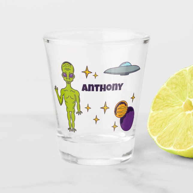 Raumfahrtpolitik - Alien mit Flying Saucer Persona Schnapsglas (Vorderseite)