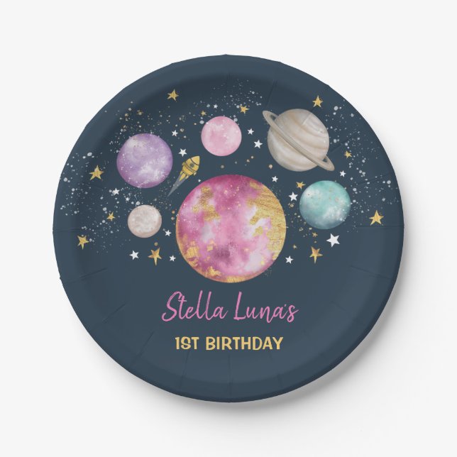 Raumgalaxie Planets Moon Stars Navy Pink Gold Pappteller (Vorderseite)