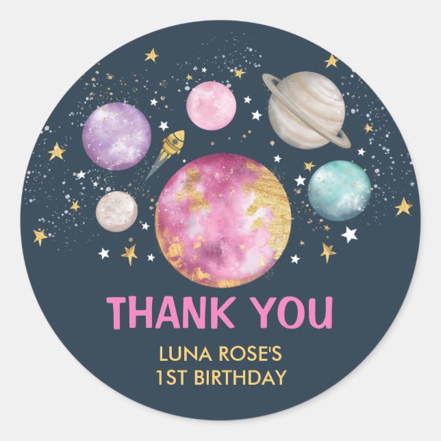 Raumgalaxie Planets Moon Stars Navy Pink Gold Runder Aufkleber (Vorderseite)