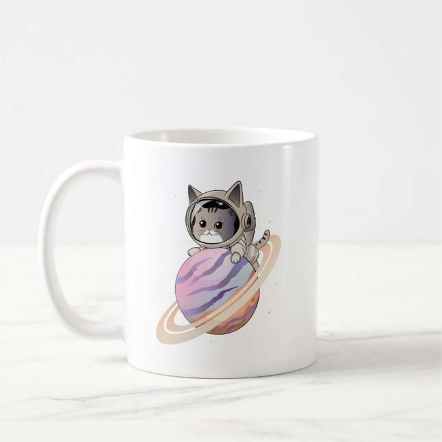 Raumkatze Astronaut mit Planet Saturn Kaffeetasse (Links)