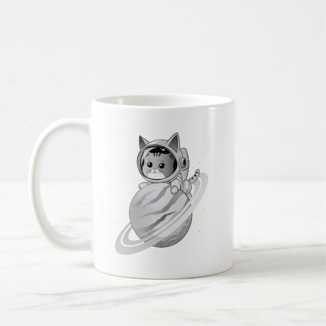 Raumkatze Astronaut mit Planet Saturn Kaffeetasse (Links)