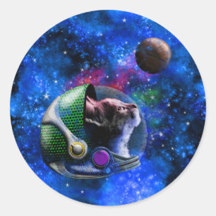 Raumkatze mit blauen Galaxieneuländern Runder Aufkleber