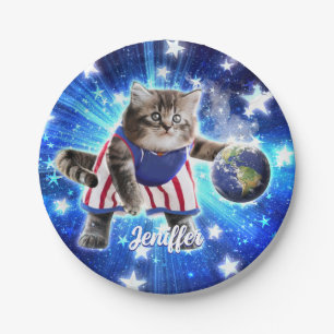 Raumkatze spielt Basketball Pappteller