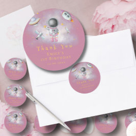 Raummädchen Astronaut rosa Raketenstern 1. Geburts Runder Aufkleber