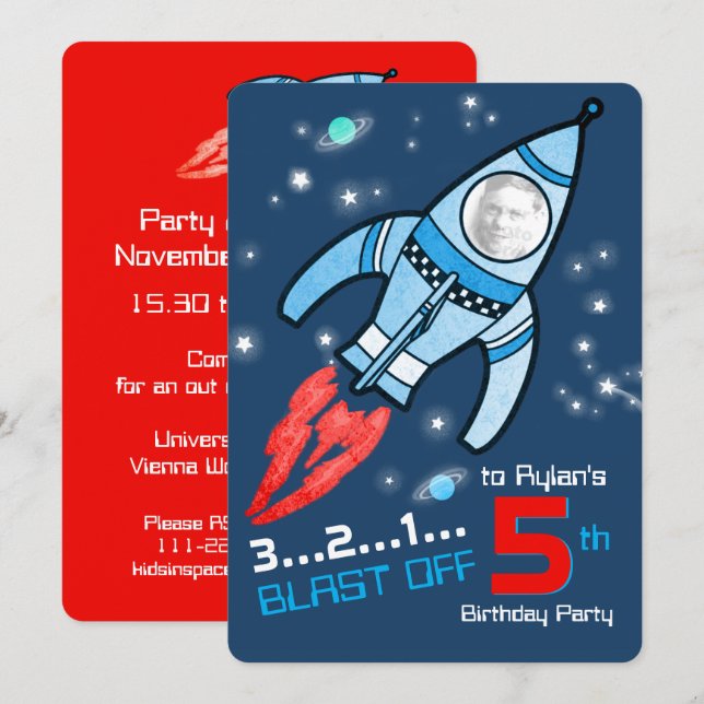 Raumrakete Kinder 5. Geburtstagsblaue Einladung (Vorne/Hinten)
