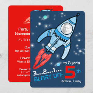 Raumrakete Kinder 5. Geburtstagsblaue Einladung