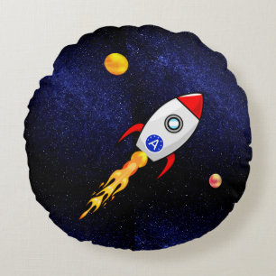 Raumrakete und Monogramm auf der Galaxie Rundes Kissen