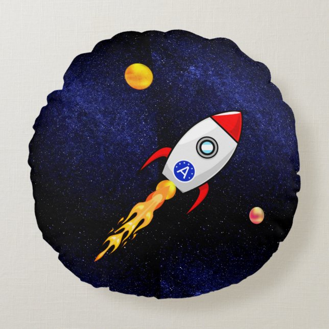 Raumrakete und Monogramm auf der Galaxie Rundes Kissen (Vorderseite)