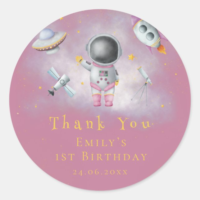 Raumschiff Astronaut rosa Raketen Stars Birthday C Runder Aufkleber (Vorderseite)