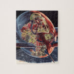 Raumschiff der Vintagen Science Fiction<br><div class="desc">Vintage Illustration futuristische Science Fiction Reise und Transport Bild. Ein durchsichtiges Raumschiff,  das mit einem Astronautenpilot über die Erde fliegt. Ein klassischer 50er Retro-Comic Buch sci fi Design der Zukunft.</div>