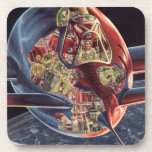 Raumschiff der Vintagen Science Fiction Getränkeuntersetzer<br><div class="desc">Vintage Illustration futuristische Science Fiction Reise und Transport Bild. Ein durchsichtiges Raumschiff,  das mit einem Astronautenpilot über die Erde fliegt. Ein klassischer 50er Retro-Comic Buch sci fi Design der Zukunft.</div>