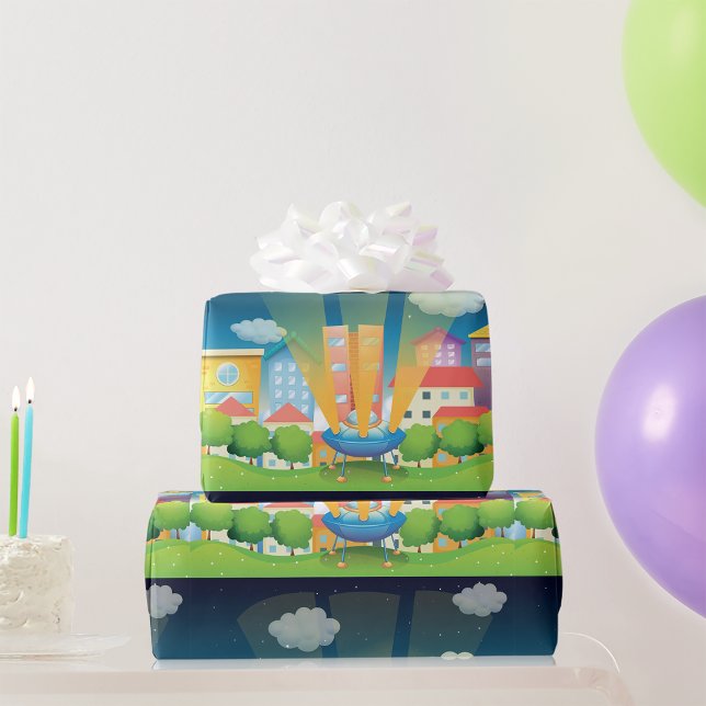 Raumschiff im städtischen Umschlagpapier Geschenkpapier (Von Creator hochgeladen)