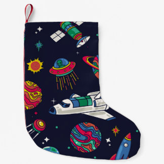 Raumschiff in Galaxy nahtloses Muster. Hintergrund Kleiner Weihnachtsstrumpf