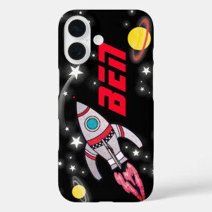 Raumschiff-Rakete, schwarze und rote Kinder iPhone 16 Hülle