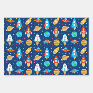 Raumschiff-Sterne Komets Planets Blue Geschenkpapier Set