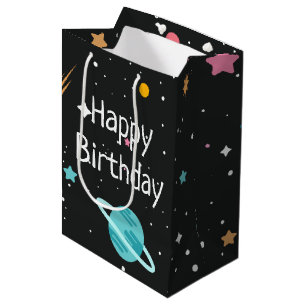 Raumschiff und Planet auf schwarz Mittlere Geschenktüte