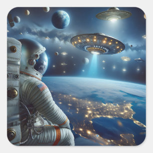 Raumschiffe und Astronaut im Weltraum Quadratischer Aufkleber