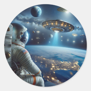 Raumschiffe und Astronaut im Weltraum Runder Aufkleber