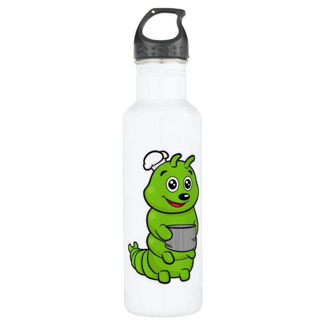 Raupe als Koch mit Kochtopf Edelstahlflasche (Vorderseite)