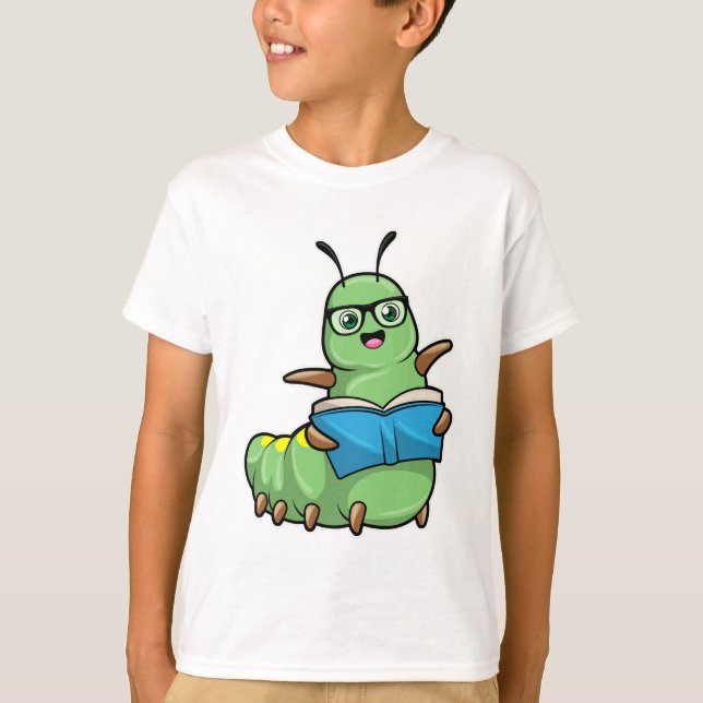Raupe als Nerd mit Buch & Brille T-Shirt (Vorderseite)