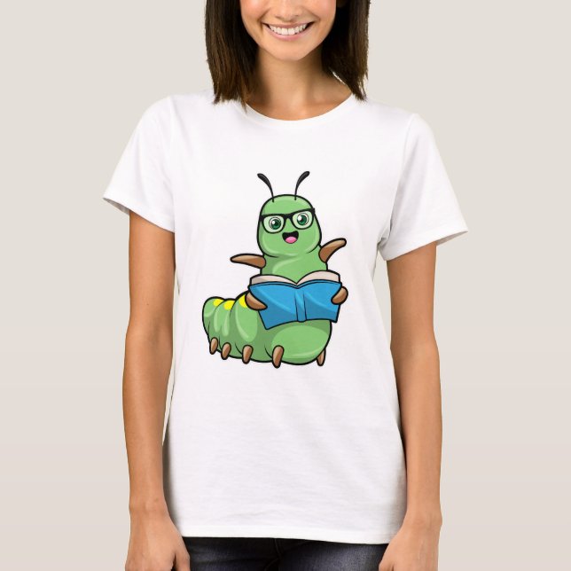 Raupe als Nerd mit Buch & Brille T-Shirt (Vorderseite)