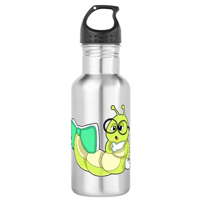 Raupe mit Buch Edelstahlflasche (Vorderseite)