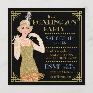 Rauschende 20er Flapper Gold Glitter Schwarz Retro Einladung