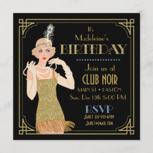 Rauschende 20er Jahre Flapper Gold Glitter Schwarz Einladung