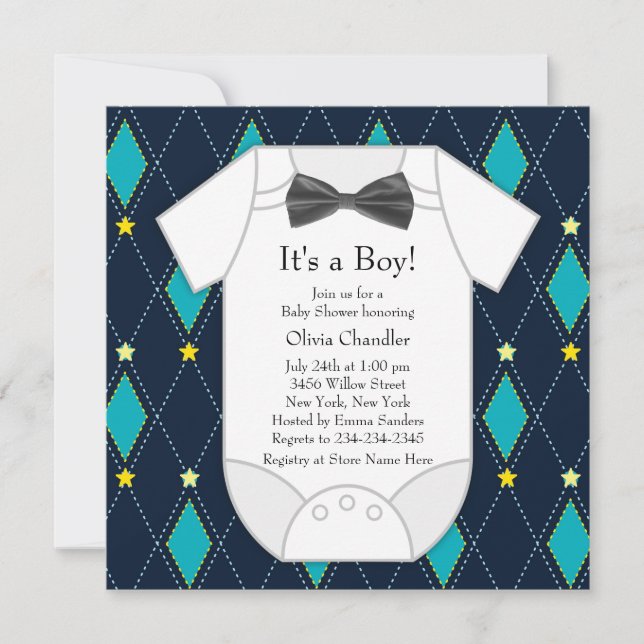 Raute Blue Yellow Baby Boy Dusche Einladung (Vorderseite)