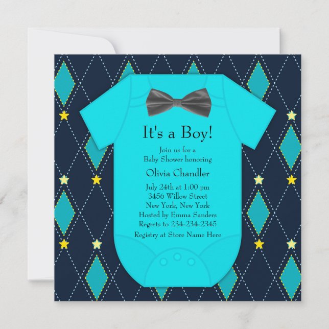 Raute Blue Yellow Baby Boy Dusche Einladung (Vorderseite)