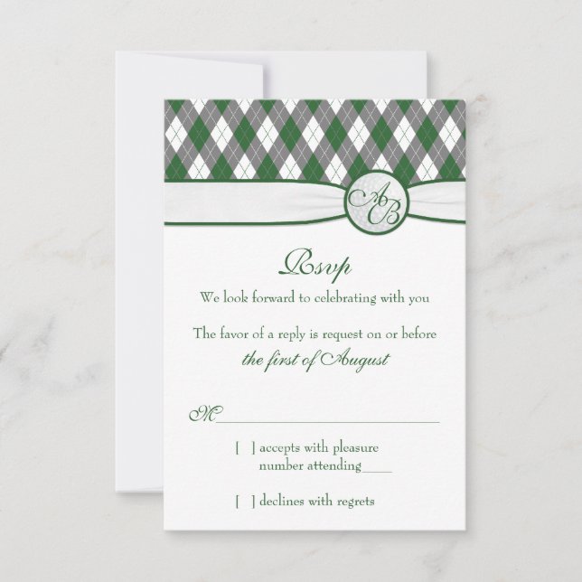 Raute Golfball Golf Green Monogram Wedding RSVP Karte (Vorderseite)