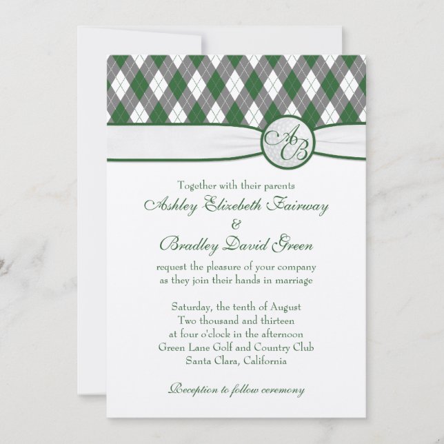 Raute Golfball Golfing Green Monogram Wedding Einladung (Vorderseite)