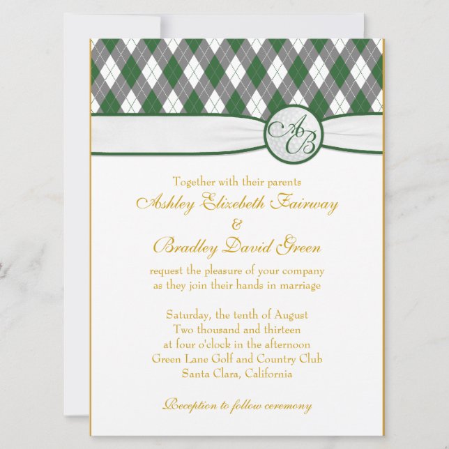 Raute Golfball Golfing Green Monogram Wedding Einladung (Vorderseite)
