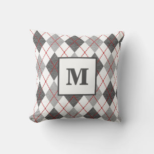 Raute Kariert Rot-Grau-Silber-Monogramm Kissen