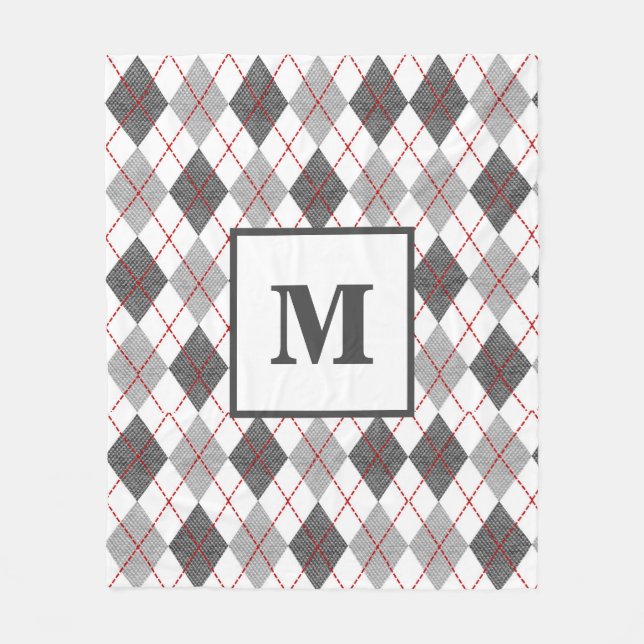 Raute Kariert Rot Grau Silver Custom Monogram Fleecedecke (Vorderseite)