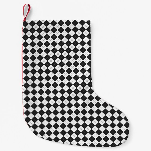 Raute kariert. Schottisches Muster in weiß und sch Kleiner Weihnachtsstrumpf (Vorderseite)