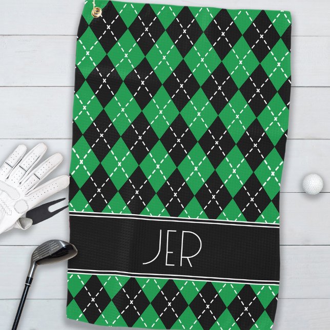 Raute Karierte benutzerdefinierte Monogramm-Initia Golfhandtuch (Argyle Plaid Custom Monogram Initials Black Green Golf Towel)