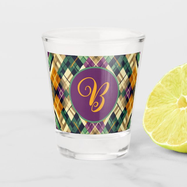 Raute Mardi Gras lila grün Schnapsglas (Vorderseite)