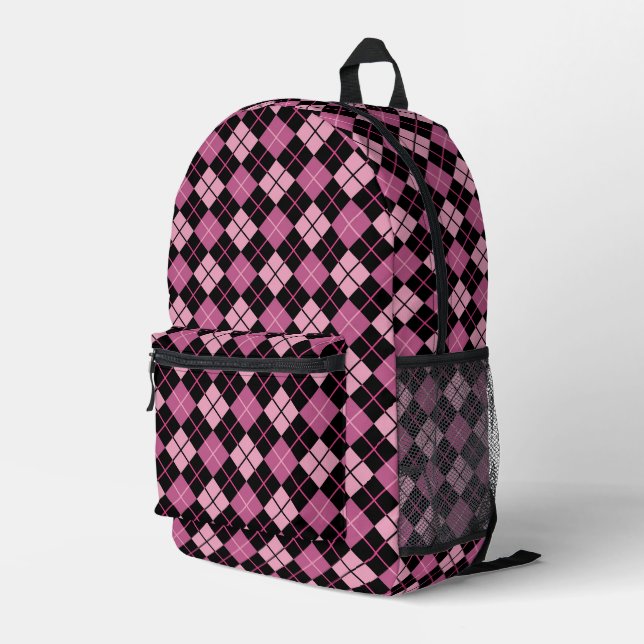 Raute Muster in Schwarz und Rosa Bedruckter Rucksack (Rückseitige Ecke Rechts)