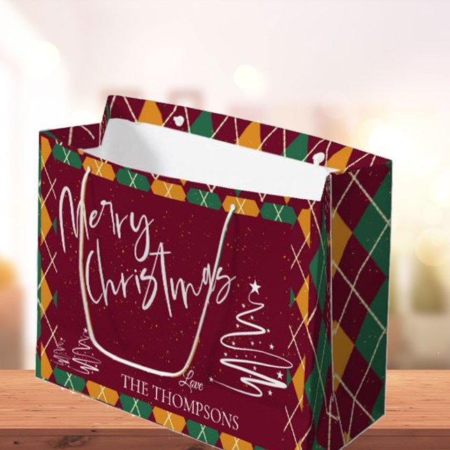 Raute Red Green Elegant Script Frohe Weihnachten Große Geschenktüte (Argyle Red Green Elegant Script Merry Christmas Large Gift Bag
)