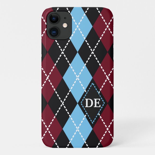 Raute schwarz, bordeauxblau, Monogramm Case-Mate iPhone Hülle (Rückseite)